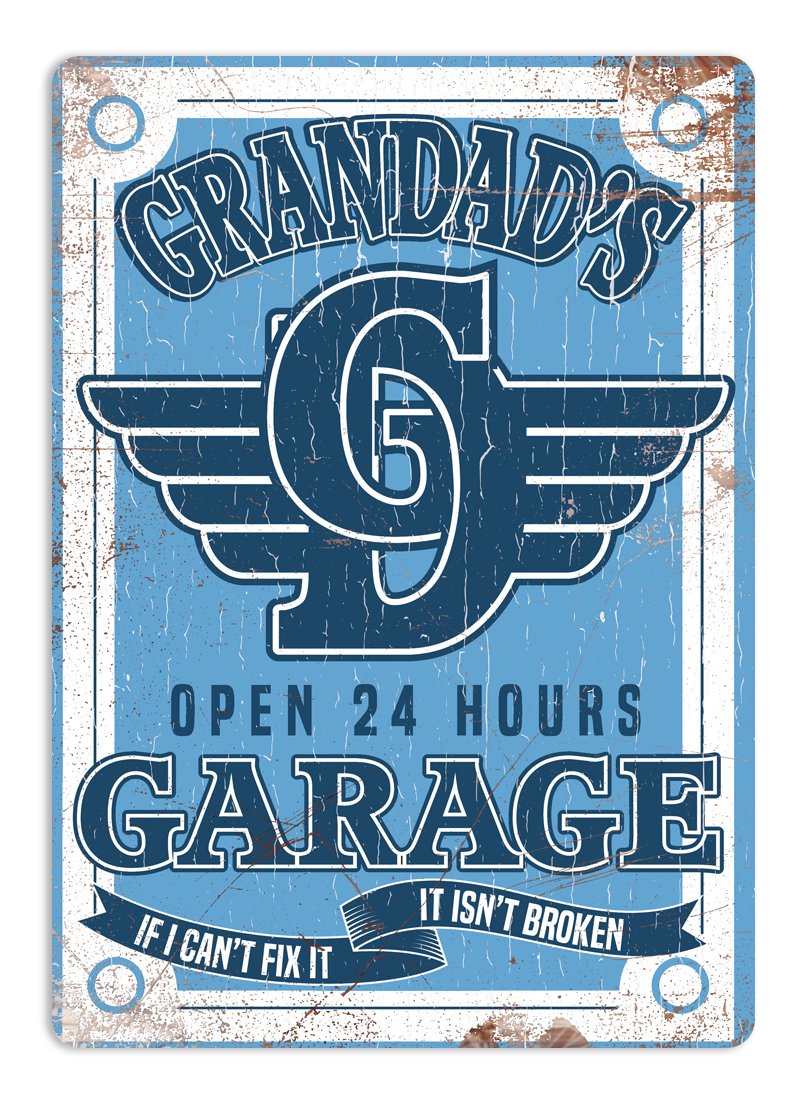 | WTF | Grandad's Garage - Blue | Sticky Pads - Metal Wall Sign Plaque Art Inspirational