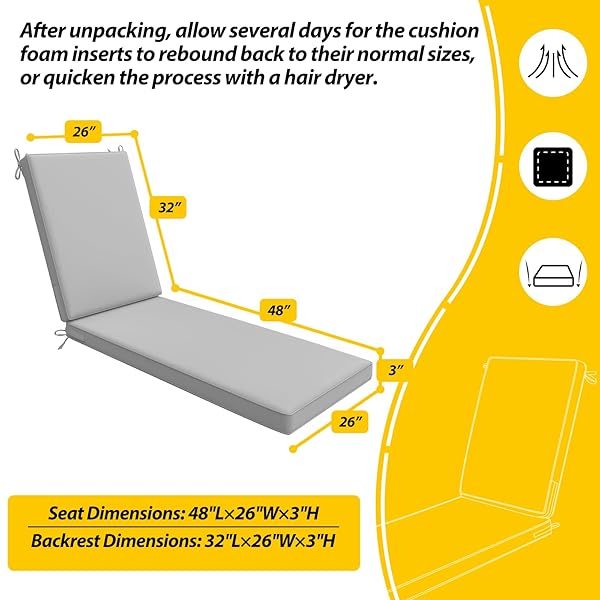 AAAAACESSORIES OUTDOOR CHAISE LOUNGE CUSHIONS, WATERPROOF, FADE-RESISTANT PATIO FURNITURE REPLACEMENT CUSHIONS, 80″ X 26″ X 3″, SOFT GRAY