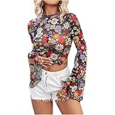 Floerns Women's Long Sleeve See Though Sheer Mesh Crop Tee Tops