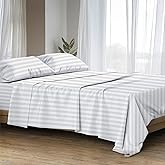Ashton Sheets 100% Egyptian Cotton Sheets Queen Size - 1500 Thread Count 4 PC Damask Sheet Set Egyptian Cotton, Sateen Luxury Sheet Queen Size, Soft Sateen Sheets, 17" Deep Pocket - White Stripe