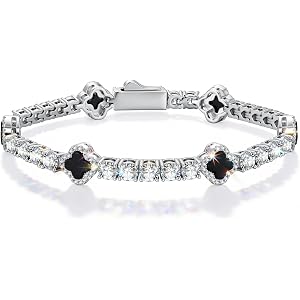 BUMBLEBEE Natural Black Onyx Four-Leaf Clover Handmade Tennis Bracelet | Italian 5A Cubic Zirconia White Gold Plated Hypoalle
