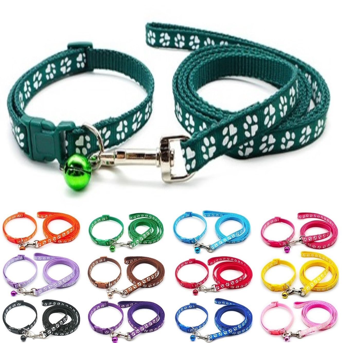 Small Dog Puppy Pet Collar and Lead Set Pawprint Design Nylon Adjustable Size 19-32cm Collar with Bell and 120cm Leash Bottle Dark Green