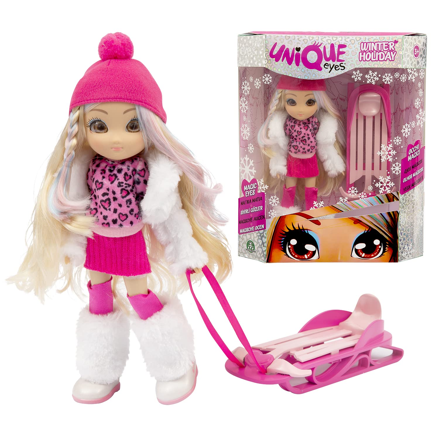 UNIQUE EYES, MYM17 Doll 25 cm with Their Eye Look, with Winter Clothes and Accessories, Toy for Children aged 3 Years and Above