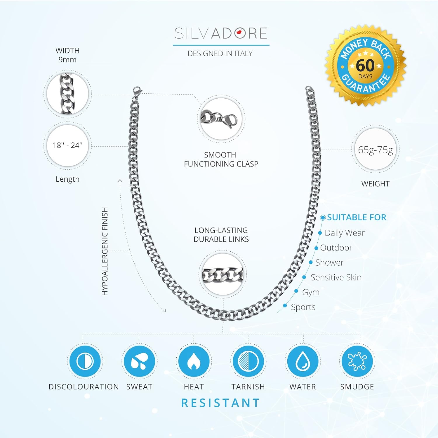Silvadore 9mm Mens CHUNKY CUBAN Link Curb Chain Silver Necklace - Image 5