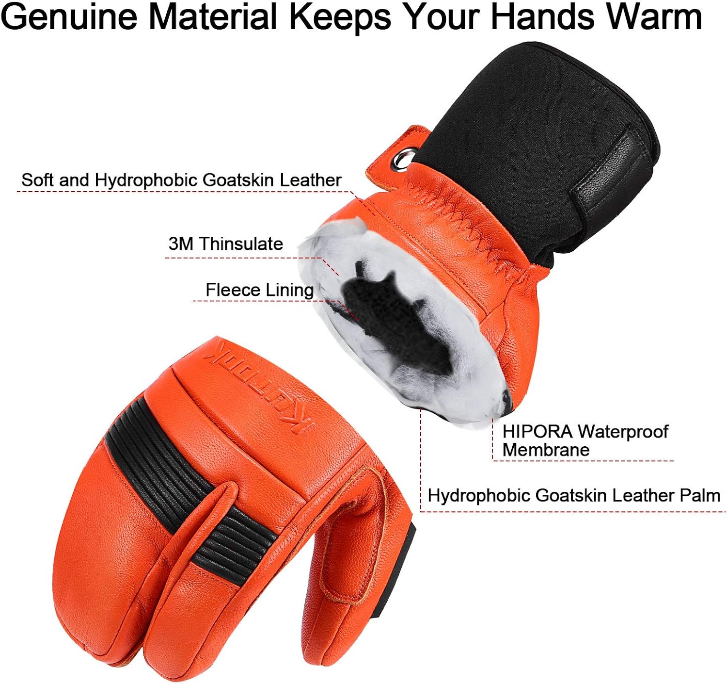 KUTOOK Ski Mittens with HIPORA Waterproof Membrane Goat Leather Gloves for Skiing Outdoor: Clothing