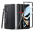 Libeagle Compatible with Samsung Galaxy Z Fold 4 Case, Built in Hidden S Pen Holder to Avoid Pen Lost, Leather on Back, Screen Protector, Hinge Protection, Wireless Charging Cover 5G 2022-Carbon Fiber