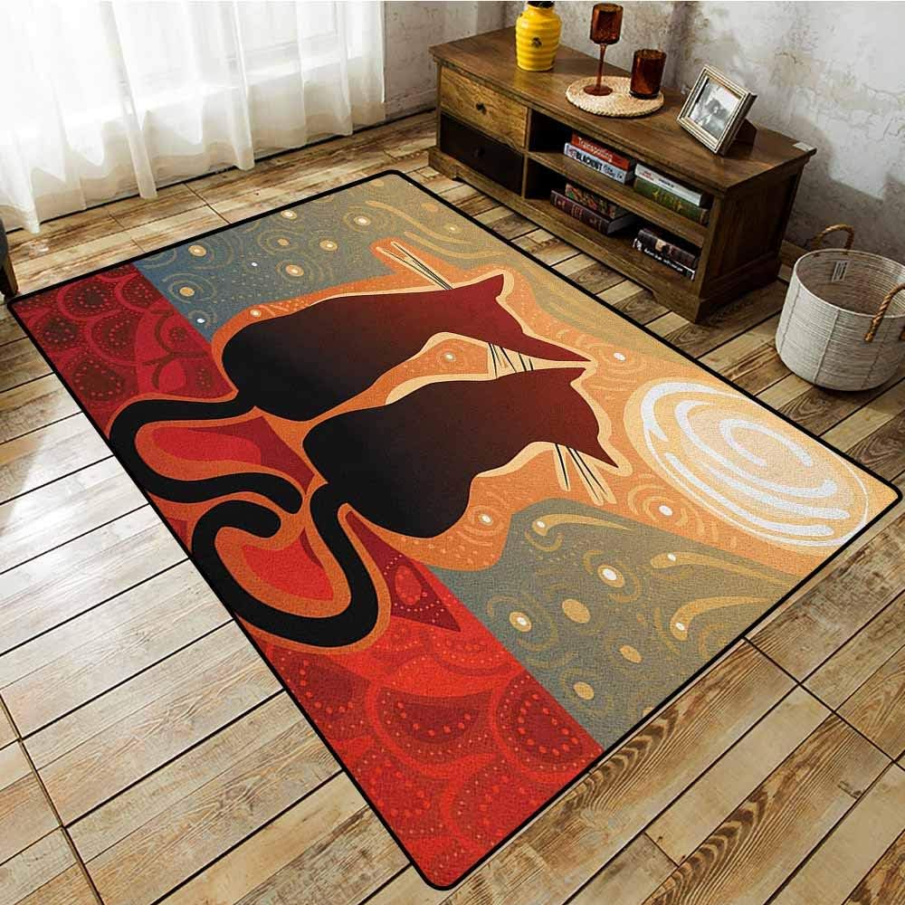 Bedroom Rug,Animal,Female and Male Cats in Love Watching Moon Luna on Stary Sky Print,Ideal Gift for Children,6'6"x8'10" Pale Orange Pale Sage Green