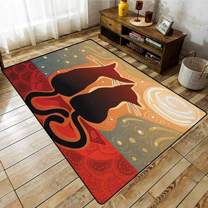 Bedroom Rug,Animal,Female and Male Cats in Love Watching Moon Luna on Stary Sky Print,Ideal Gift for Children,6'6"x8'10" Pale Orange Pale Sage Green