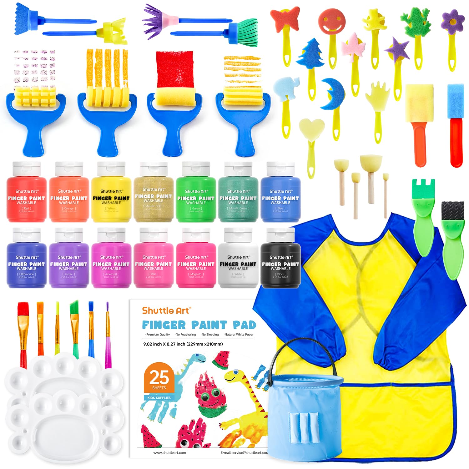 Shuttle Art Washable Finger Paint Set, 53 Pack Kids Paint Set with 14 Colours(60ml) Finger Paints, Brushes, Finger Paint Pad, Sponge, Palette, Smock, Bucket, NonToxic for Toddlers Early Education