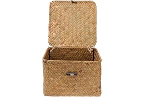 Milisten Rattan Storage Basket Square Seagrass Straw Organizer Box with Lid for Home Tea and Clothing Storage