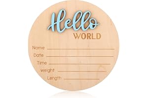 Newborn Announcement Sign, 15cm/5.9in Wooden Hello World Newborn Sign Birth Baby Name Plaques for Boys and Girls Baby Shower 