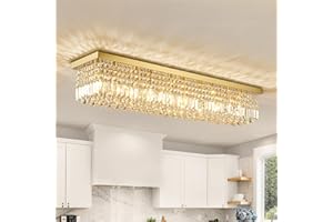 Siljoy 10-Light Modern Crystal Chandelier, Luxury Gold Rectangular Flush Mount Ceiling Light, Large Rectangle Raindrop Chandelier for Living Dining Room Kitchen Island Bar L47'' x W10'' x H10''