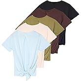 Real Essentials 5 Pack: Women's Short Sleeve Open Back Tie Back Dry-Fit T-Shirt Yoga Gym Workout Top