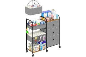 2 In1 Baby Diaper Caddy Organizers and Storage, 3-Tier Rolling Diaper Cart with Dividers and Clothes Rack, Mobile Utility Car