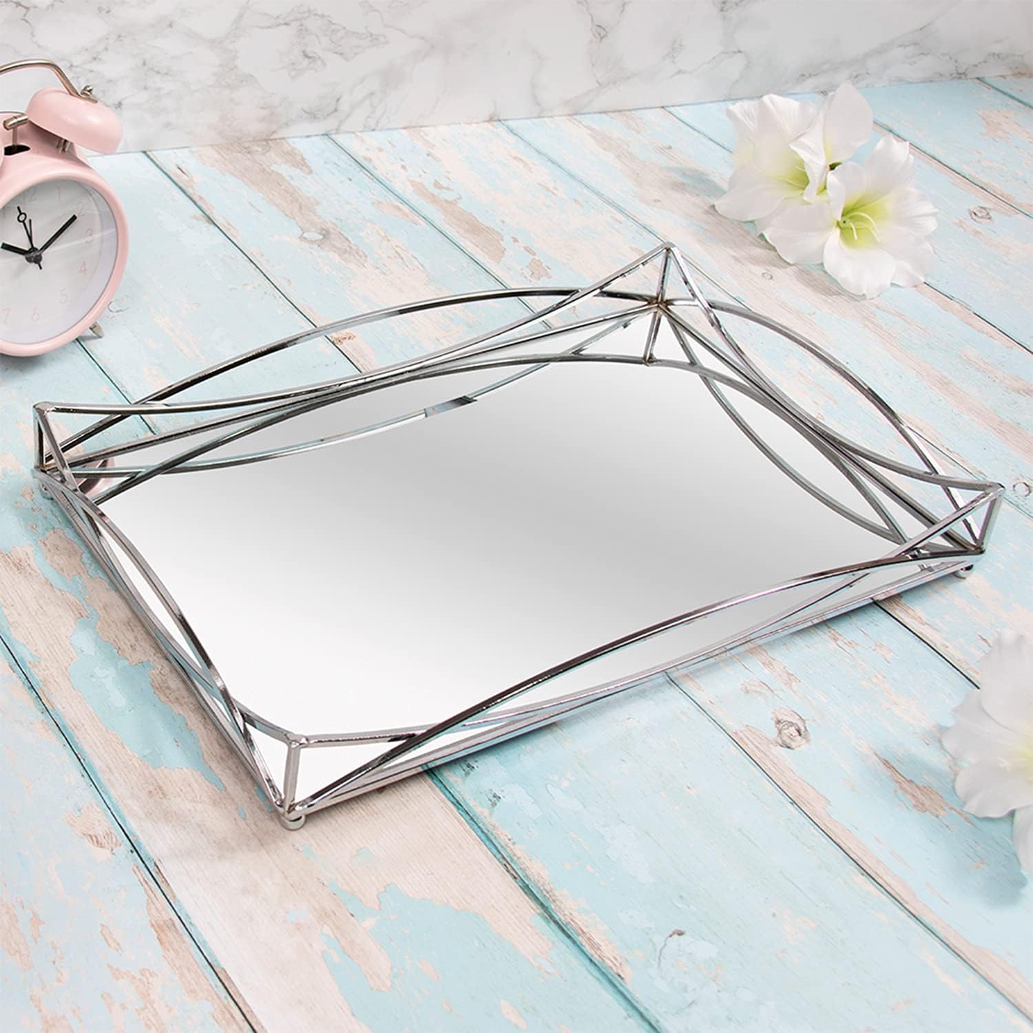 35x23cm Mirrored Rectangle Gatsby Style Silver Trinket