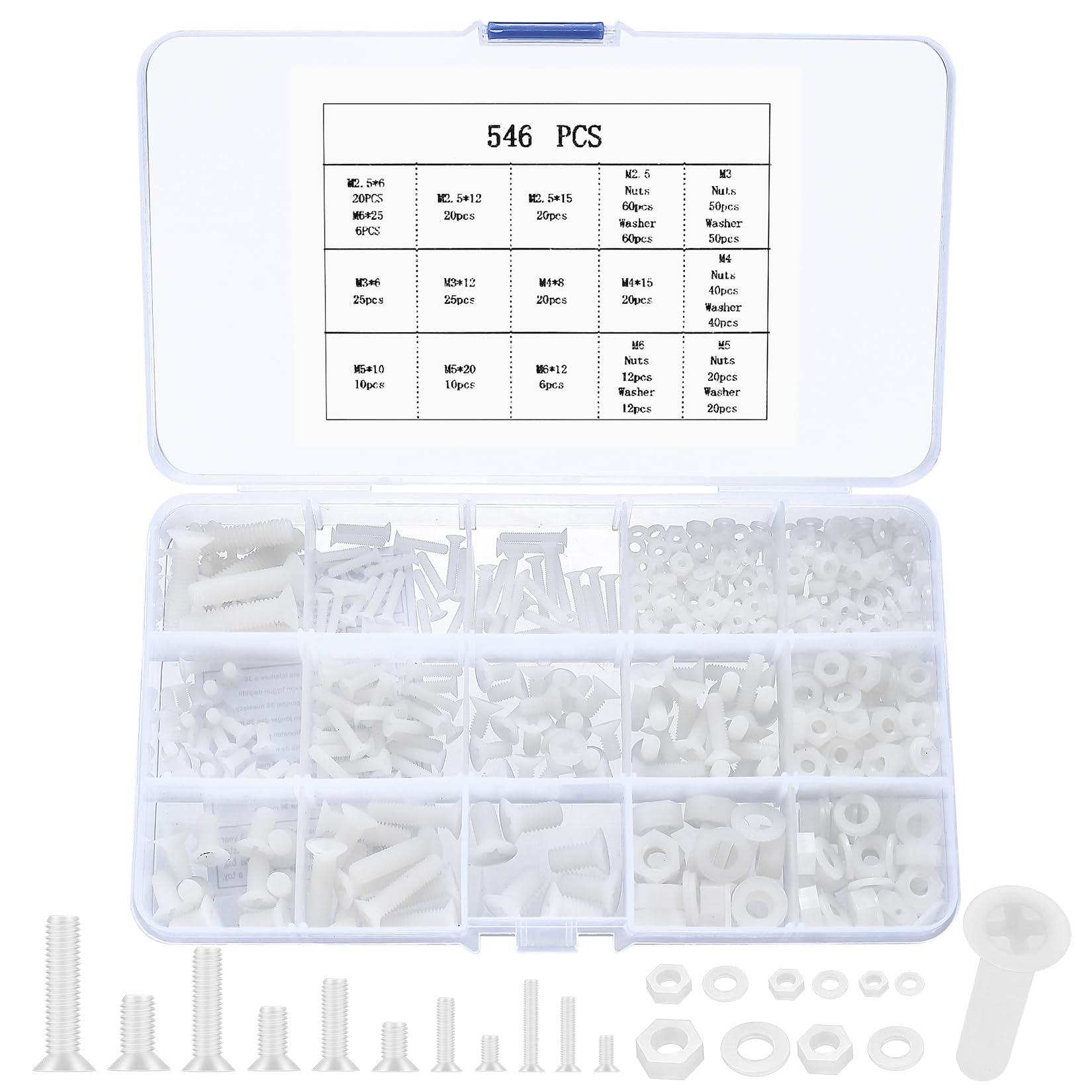 M2.5-M6 White Nylon Bolt & Nut Set with Washers - 546 Pcs Countersunk Flat Head Machine Screws