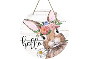 Deroro Hello Summer Easter Bunny Rabbit Sign for Front Door Decor, Daisy Flowers Wood Door Hanger for Outdoor Outside Porch, Spring Rustic Farmhouse Wooden Wreath Indoor Wall Hanging Decoration