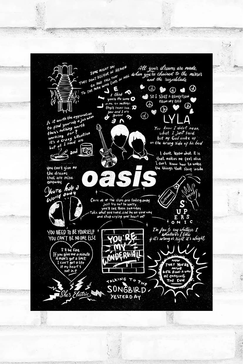 Hewson Oasis Doodle Lyric Poster - Oasis Artwork Gift for Fan - A3, Black Chalkboard