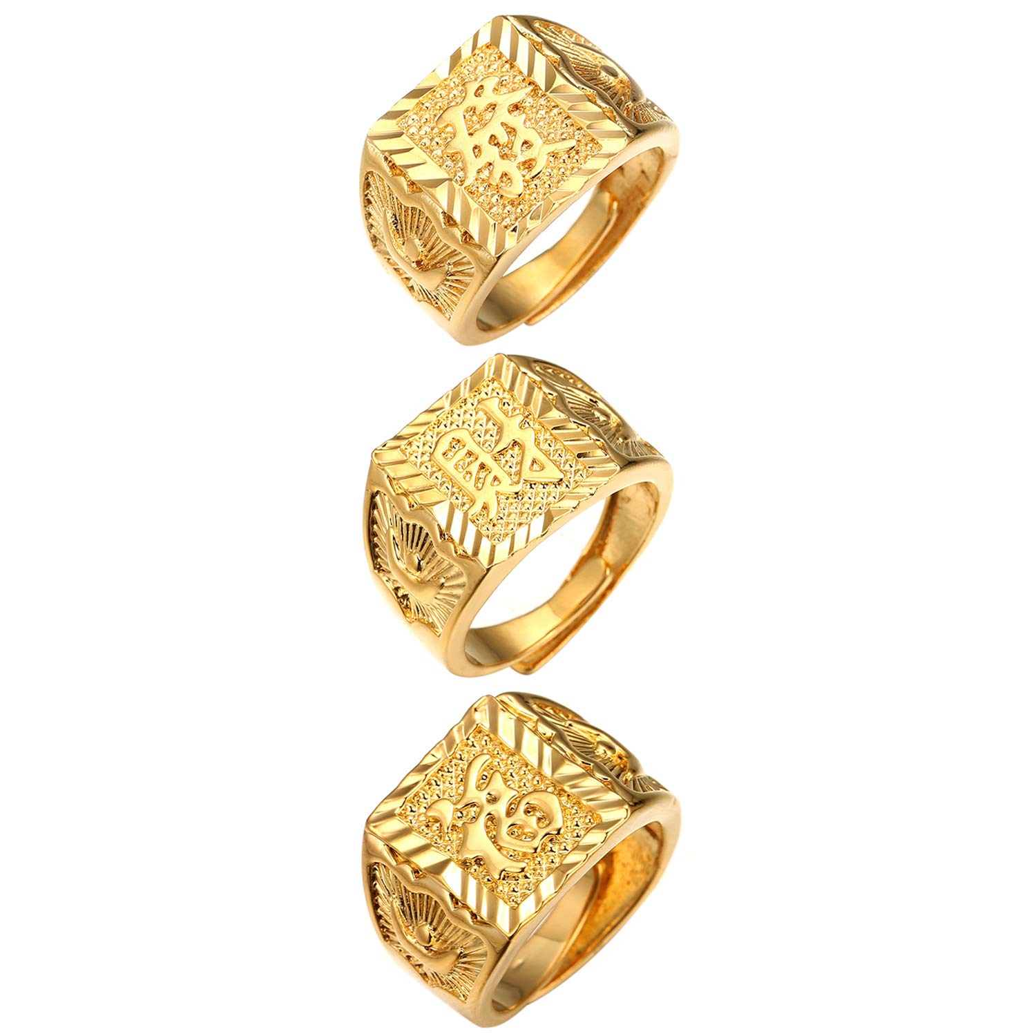 JewelryWe 3 Pieces Gold All Well Male Ring in 18 K 18 Carat Gold Authentic Golden Kanji Rich Luck Wealth Adjustable Size