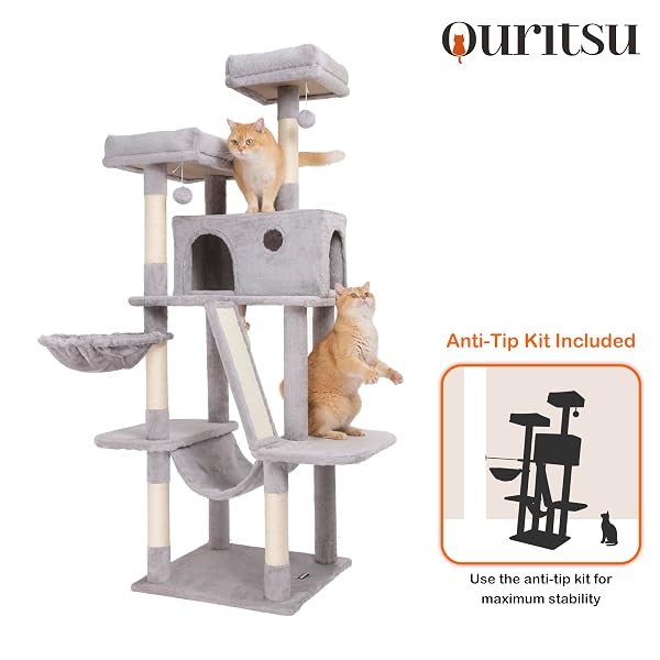 OURITSU CAT TREE, 61 INCH TALL CAT TOWER FOR LARGE CAT INDOOR, ENLARGED CONDO, 2 PADDED PERCHES WITH 1 WIDENED, LARGE HAMMOCK, SCRATCHING POST AND RAMP, FLUFFY BASKET, LIGHT GRAY, LF002GA