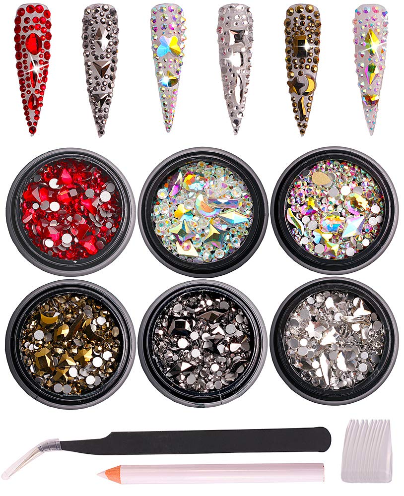 6 Pack Mixed Nail Art Rhinestone Nail Art Decorations Accessories Flat Base Nail Jewelry Glass Rhinestone Crystal Best for Manicure DIY Mobile Phone Shell Jewelry Makeup 3D Decoration: Beauty