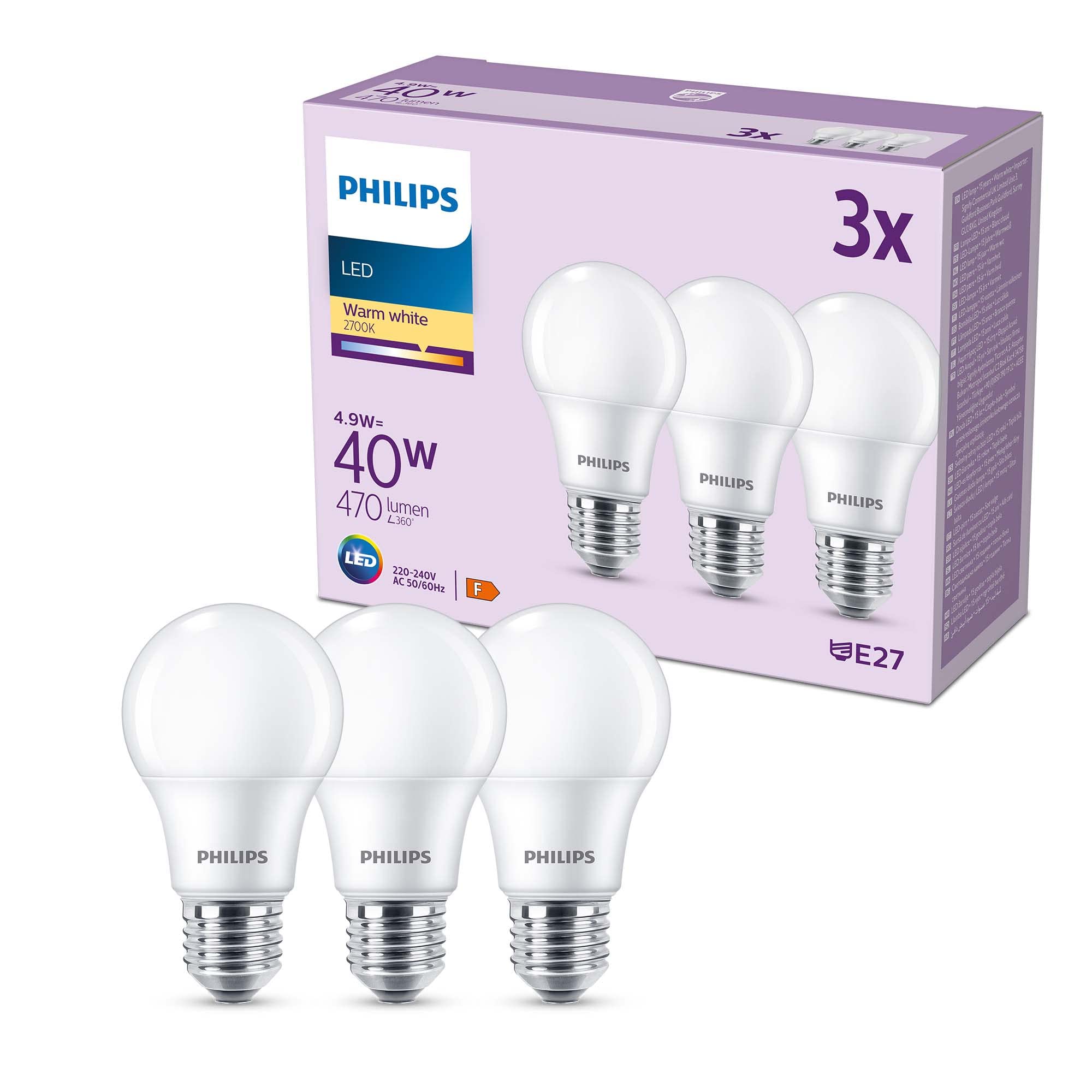 Philips LED Frosted A60 Light Bulb 3 Pack [Warm White 2700K - E27 Edison Screw] 40W, Non Dimmable. for Home Indoor Lighting, Value Range