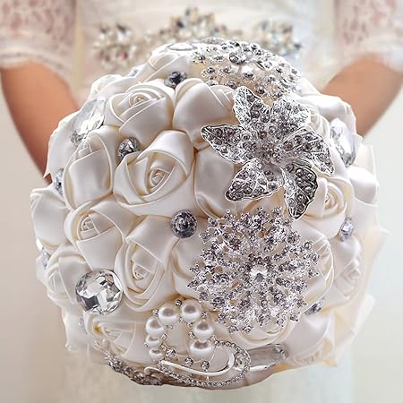 Fouriding Bouquet De Mariee Mariage Broche Rose Fleurs Nuptiale Bouquet Ruban Avec Perles Strass Maison Decoration Fournitures De Mariage Creme Blanc Amazon Fr Cuisine Maison