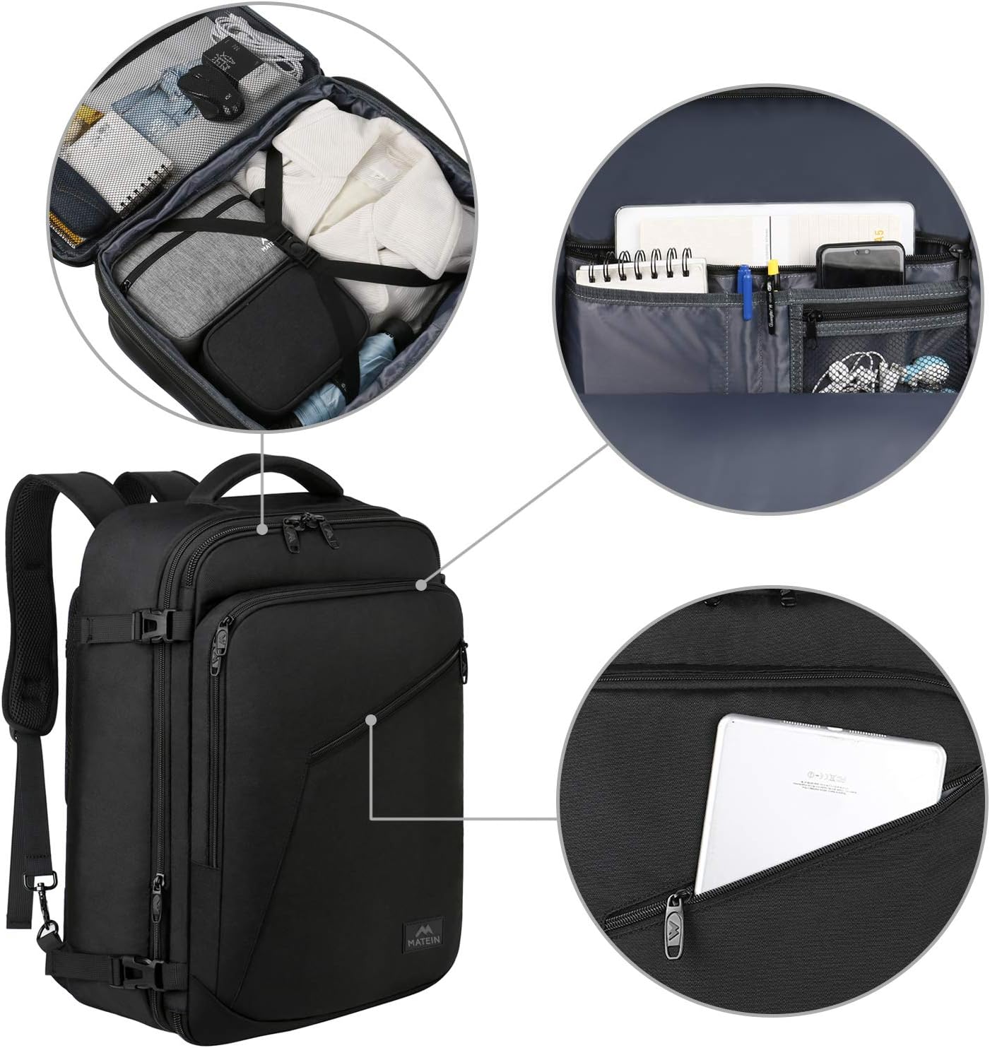Matein Carry on Backpack, Extra Large Travel Backpack Expandable Airplane Approved Weekender Bag for Men and Women, Water Resistant Lightweight Daypack for Flight 40L, Black: Computers & Accessories