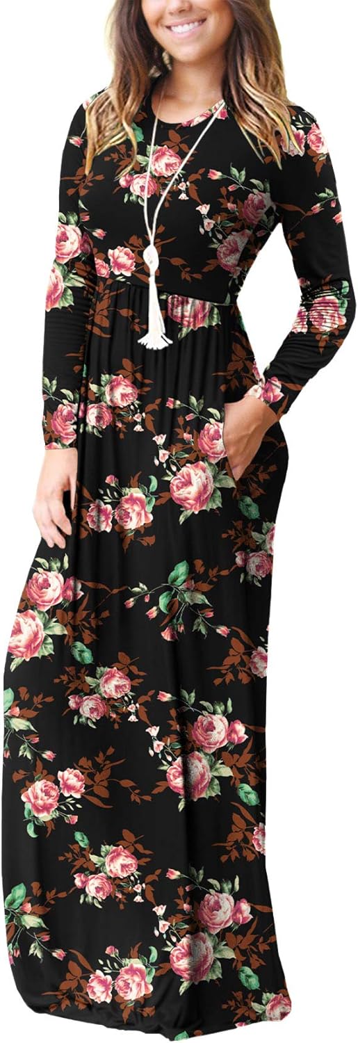 VIISHOW Women's Long Sleeve Loose Plain Empire Waist Maxi Dresses Casual Long Dresses with Pockets at  Women’s Clothing store