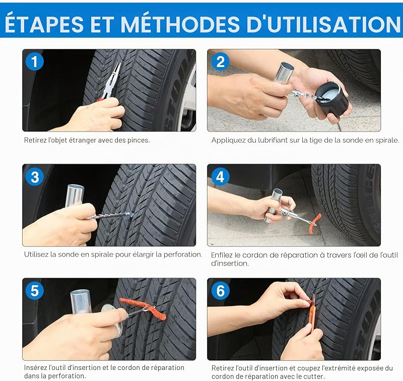 Kit de réparation de pneus - 48 pièces - Kit de réparation de pneus avec connecteurs universels - pour réparation de crevaisons et Bouchons - pour Voiture, Moto, Camion, Tracteur, remorque (48