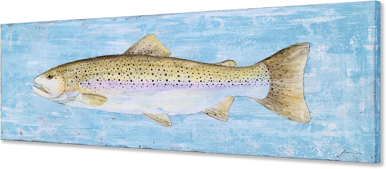 Paintings - SYGALLERIER Fish Canvas Wall Art with Hand Painted Textured Modern Abstract Coastal Paintings in Teal and Yellow Color Vintage Sea Life Artwork for Living Room Bedroom Dinning Decor