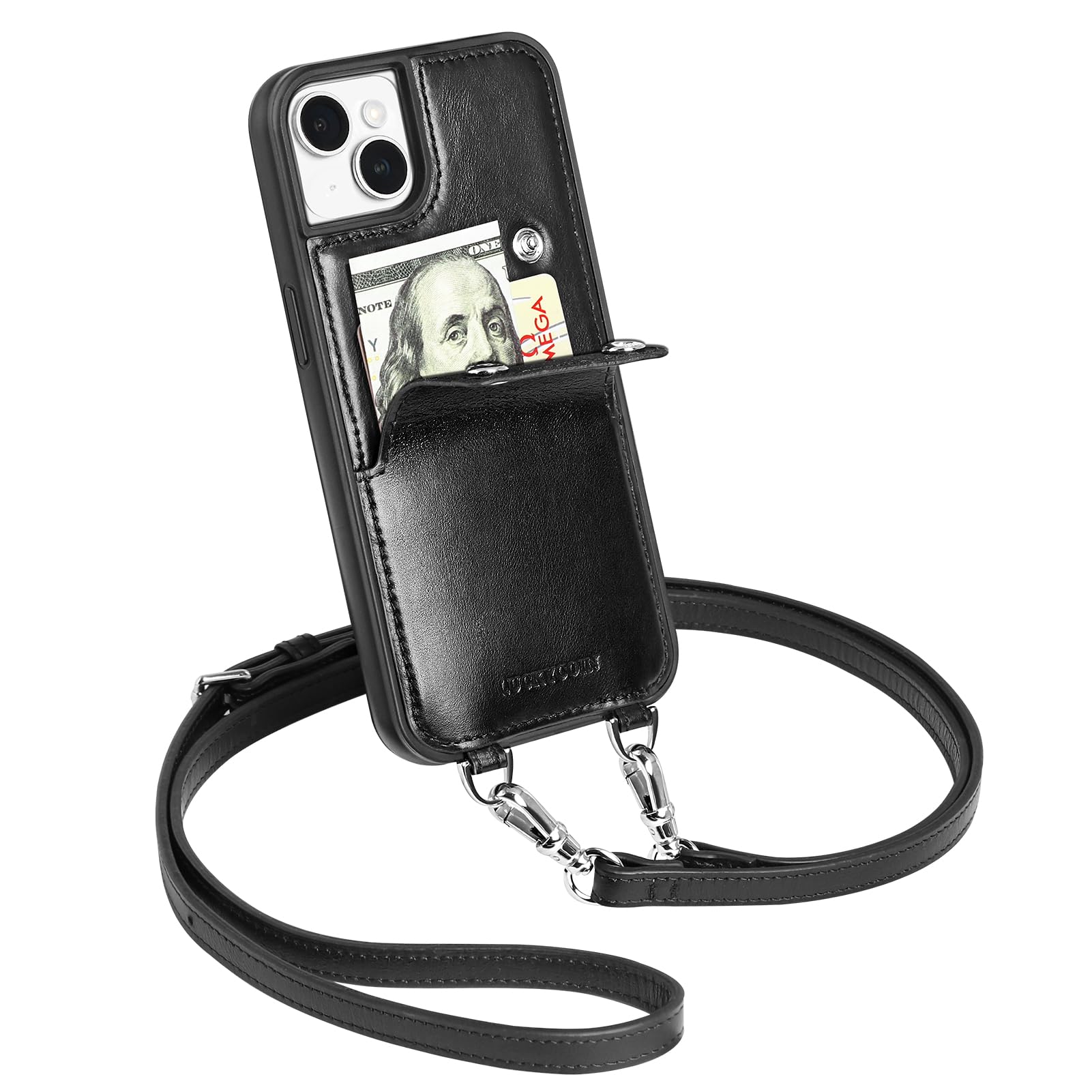LUCKYCOIN Crossbody Wallet Phone Case for iPhone 15 Plus,100% Genuine Leather Phone Purse Case for Women,with Expandable Card Holder,with Adjustable & Removable Strap Retro Black