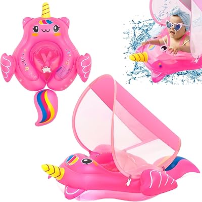 COSORO Newborn Baby Swimming Float 3-12 Months Pink Unicorn Sun Canopy