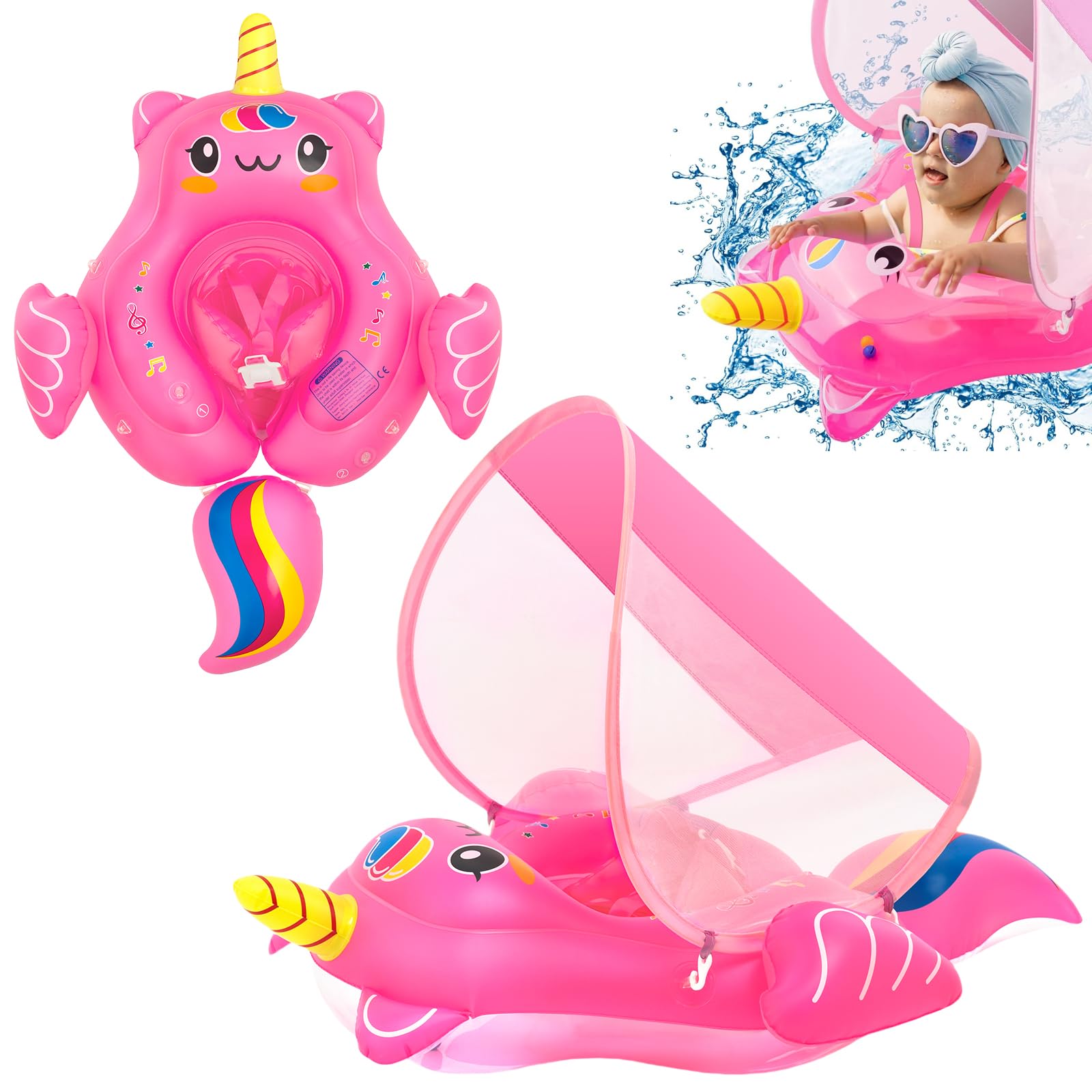Newborn Baby Swimming Float 3-12 Months,Hot Pink Unicorn Inflatable Baby Pool Float Ring with Sun Canopy Seat Anti-Flip Tail,Baby Swimming Ring Floating Swim Circle for Baby Toddlers Infant Swim Ring