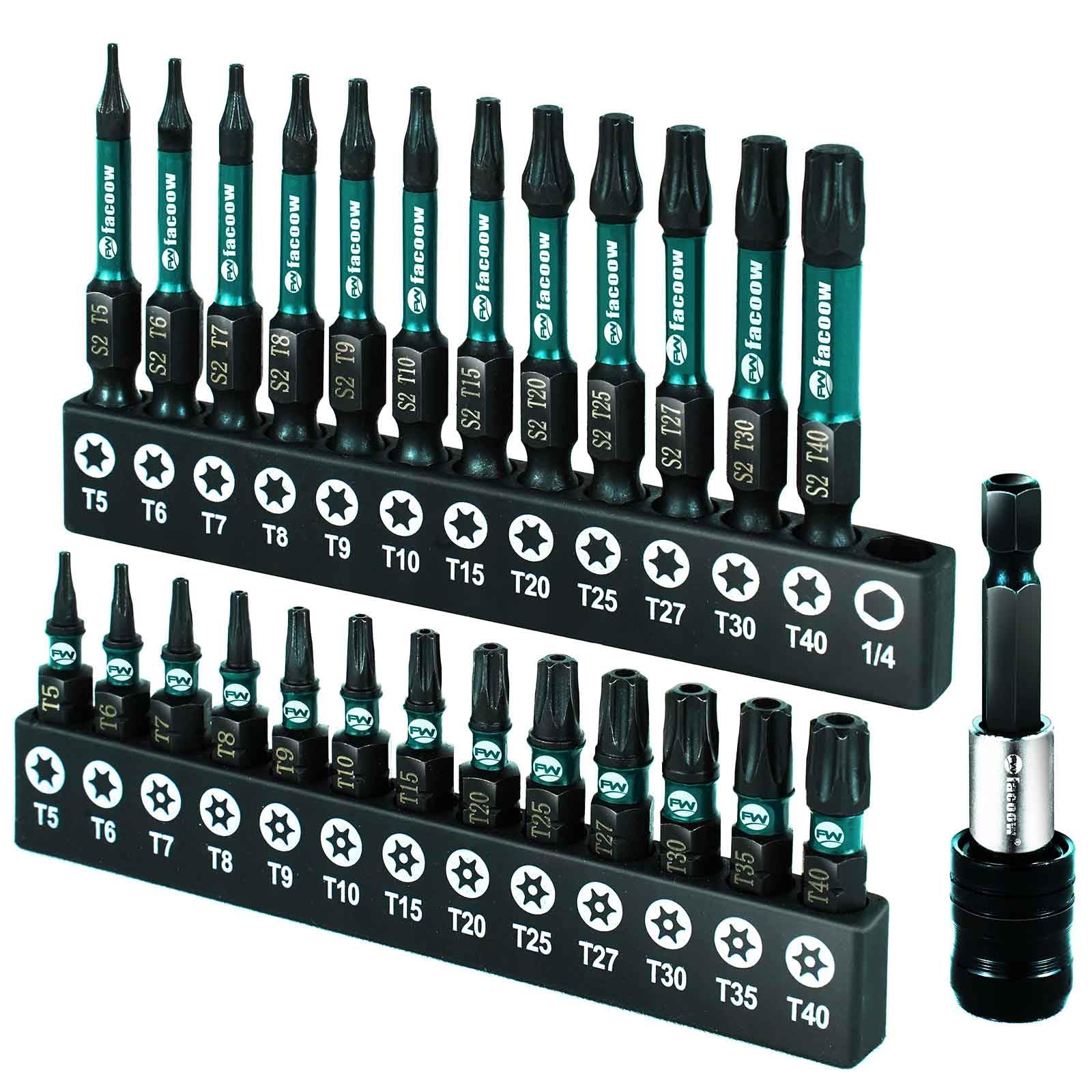 Photo 1 of Facoow Torx Bit Set(T5-T40), 26 Pack Security Torx Bits Set with Magnetic Tips,Tamper Proof Star Bits Set S2 Alloy Steel, 1"&2" Long Impact Torque Bit Set & 2.3" Self-locking Quick Change Extension