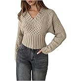 MakeMeChic Women's V Neck Cable Knit Sweater Long Sleeve Going Out Pullover Crop Tops