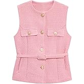 Perbai Womens Tweed Blazer Vest Crewneck Button Down Sleeveless Belted Plaid Work Office Tank Top with Pockets