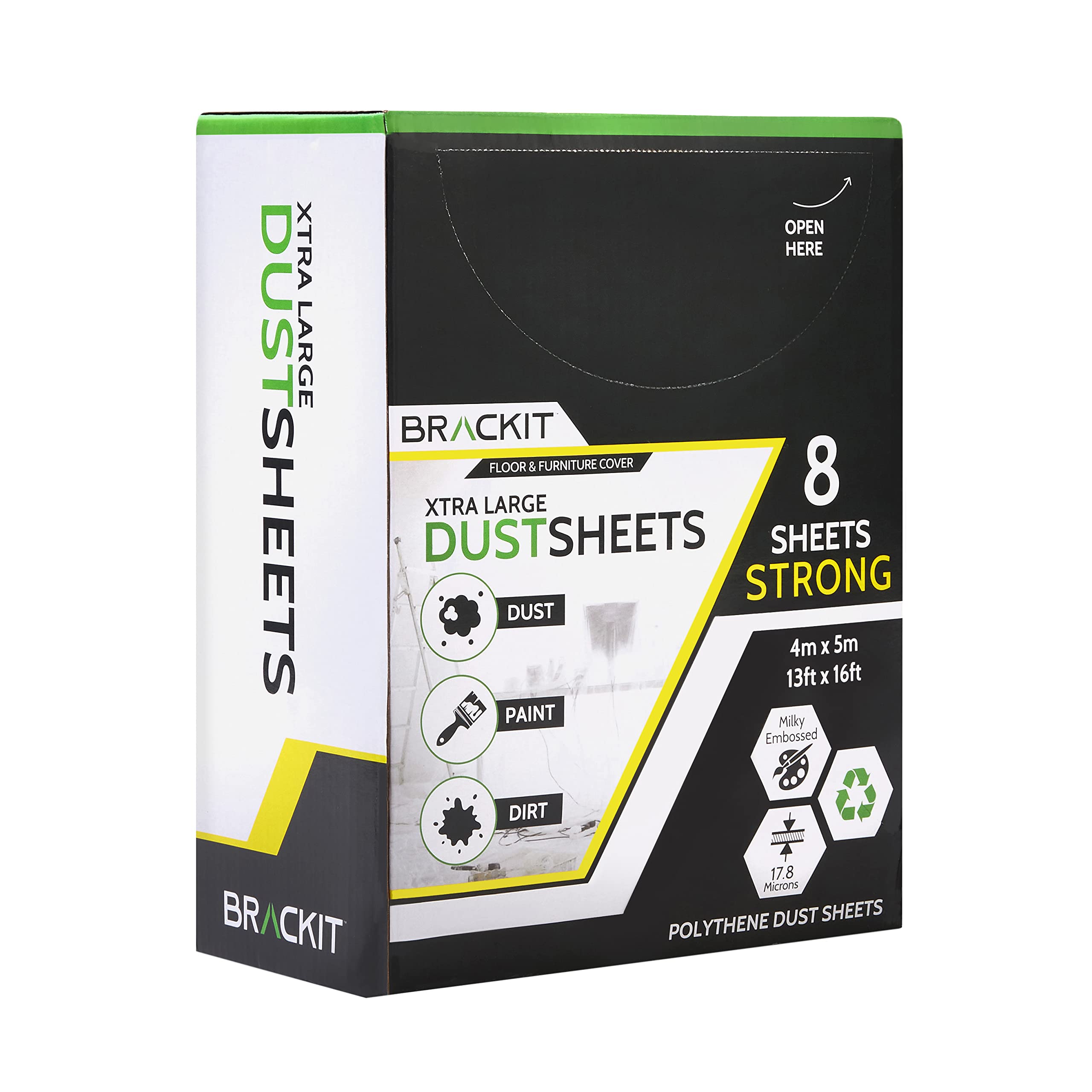 Brackit 8 Pack - Extra Large Dust Sheets for Decorating - 5 x 4m (16 x 13ft) - 20 Micron - Embossed White Plastic Dust Sheets for Painting - Waterproof Plastic Sheet for Furniture Wrapping and Moving