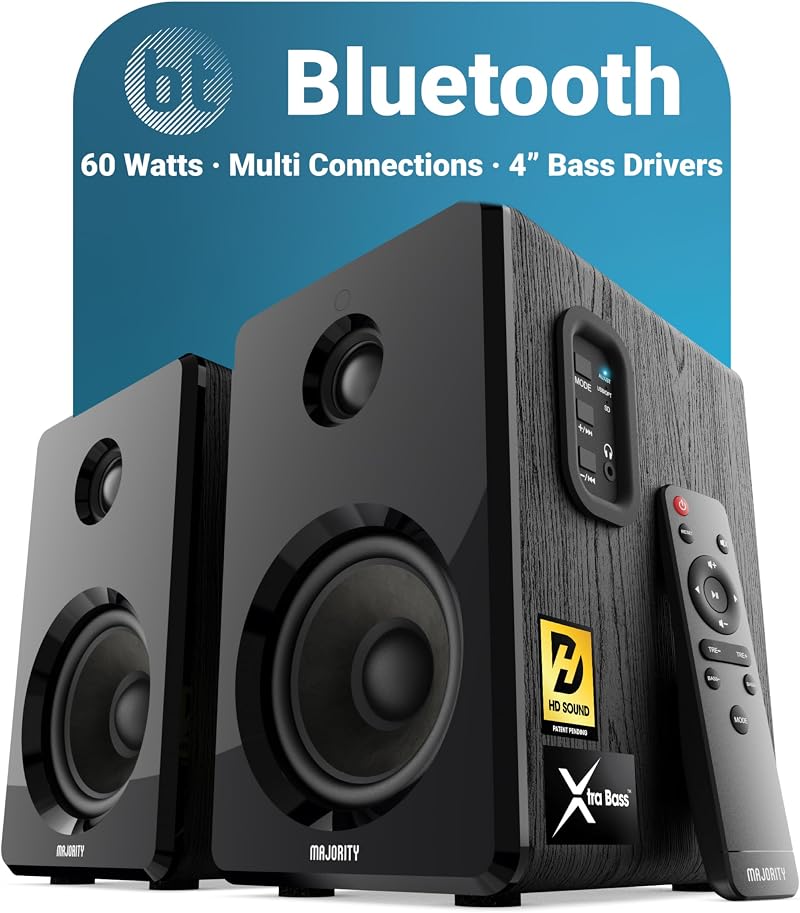 MAJORITY D40 Active Bluetooth Bookshelf Speakers 60W 4" Drivers with Remote