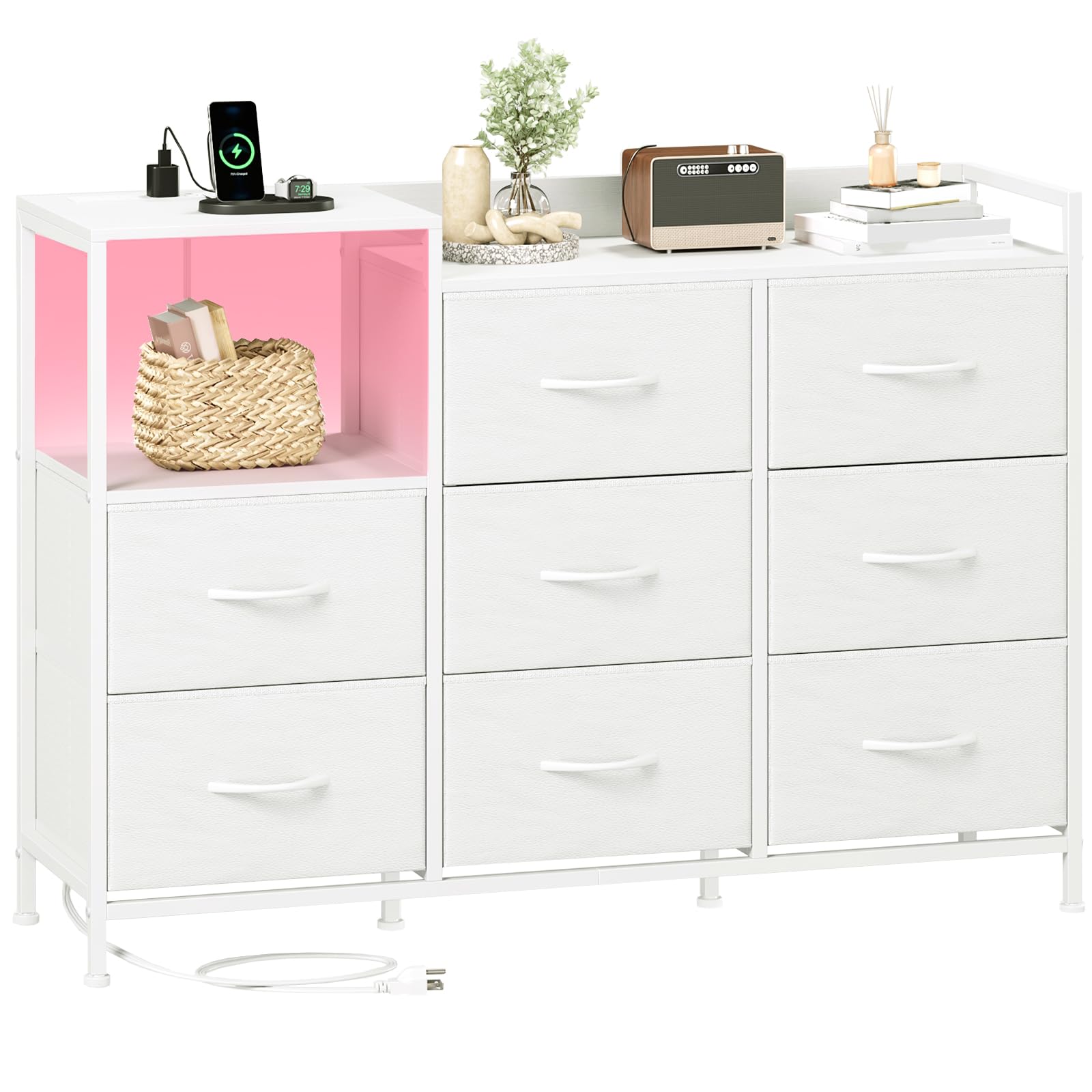 Photo 1 of **IS BLACK***Somdot White Dresser for Bedroom with 8 Drawers, Wide Fabric Night Stand for Storage and Organization with Fabric Bins, Chest of Drawers for Bedroom Chest of Drawers for Living Room Entryway