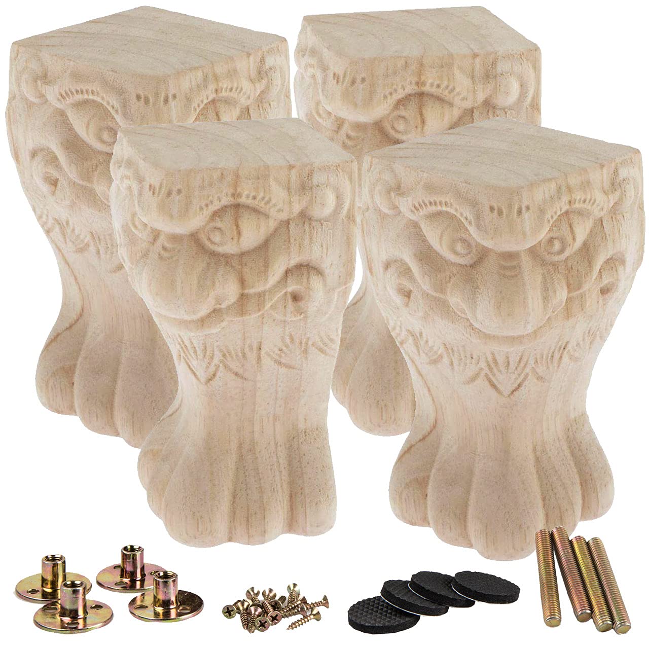 La Vane 4 inch / 10cm Wooden Furniture Legs, Set of 4 European Style Solid Wood Carving Unfinished Furniture Replacement Feet Decoration for Sofa Cabinet Wardrobe Table Loveseat