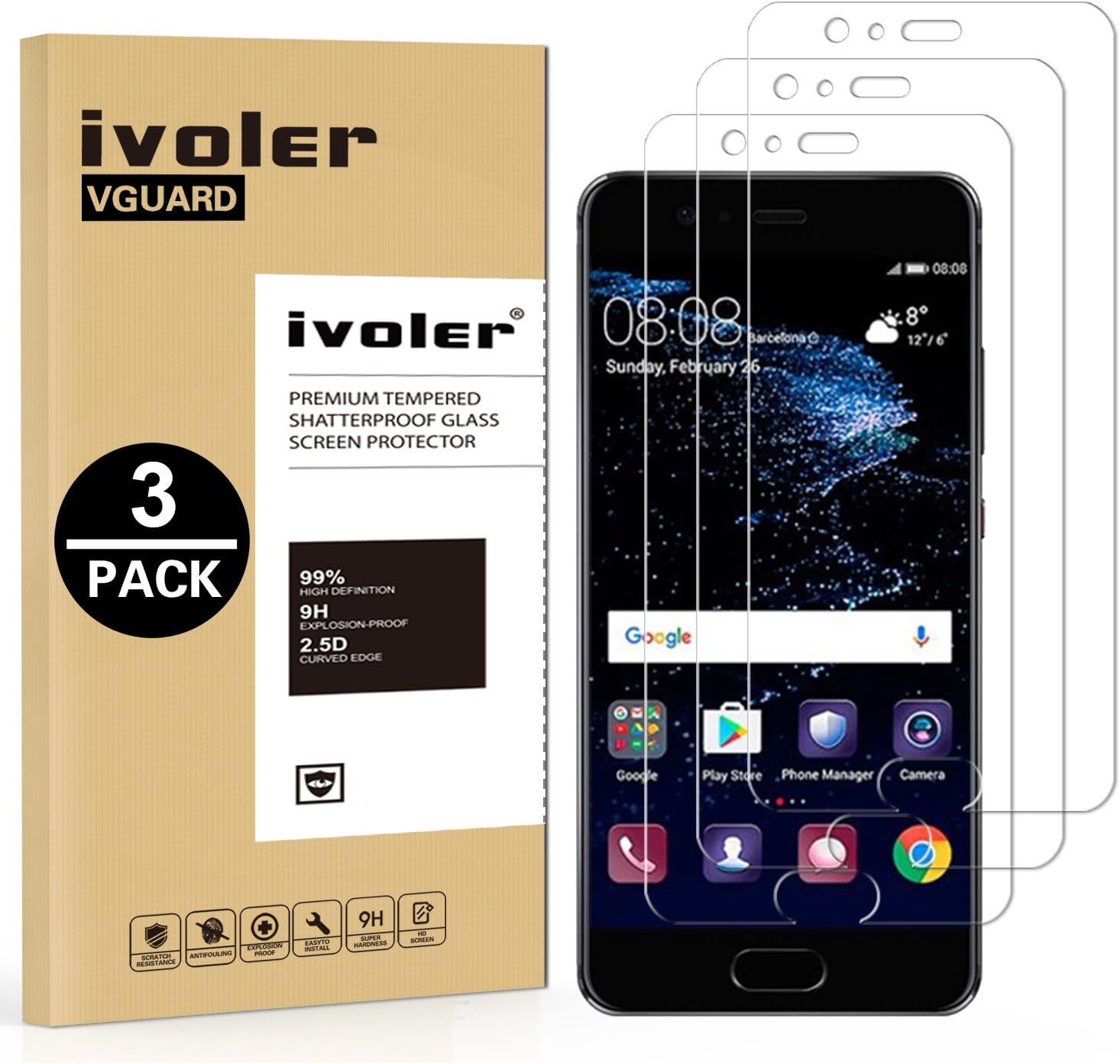 ivoler Compatible with Screen Protector Huawei P10 Plus, [3 Pack] Tempered Glass Film [9H Hardness] [Anti-Scratch] [Crystal Clear]
