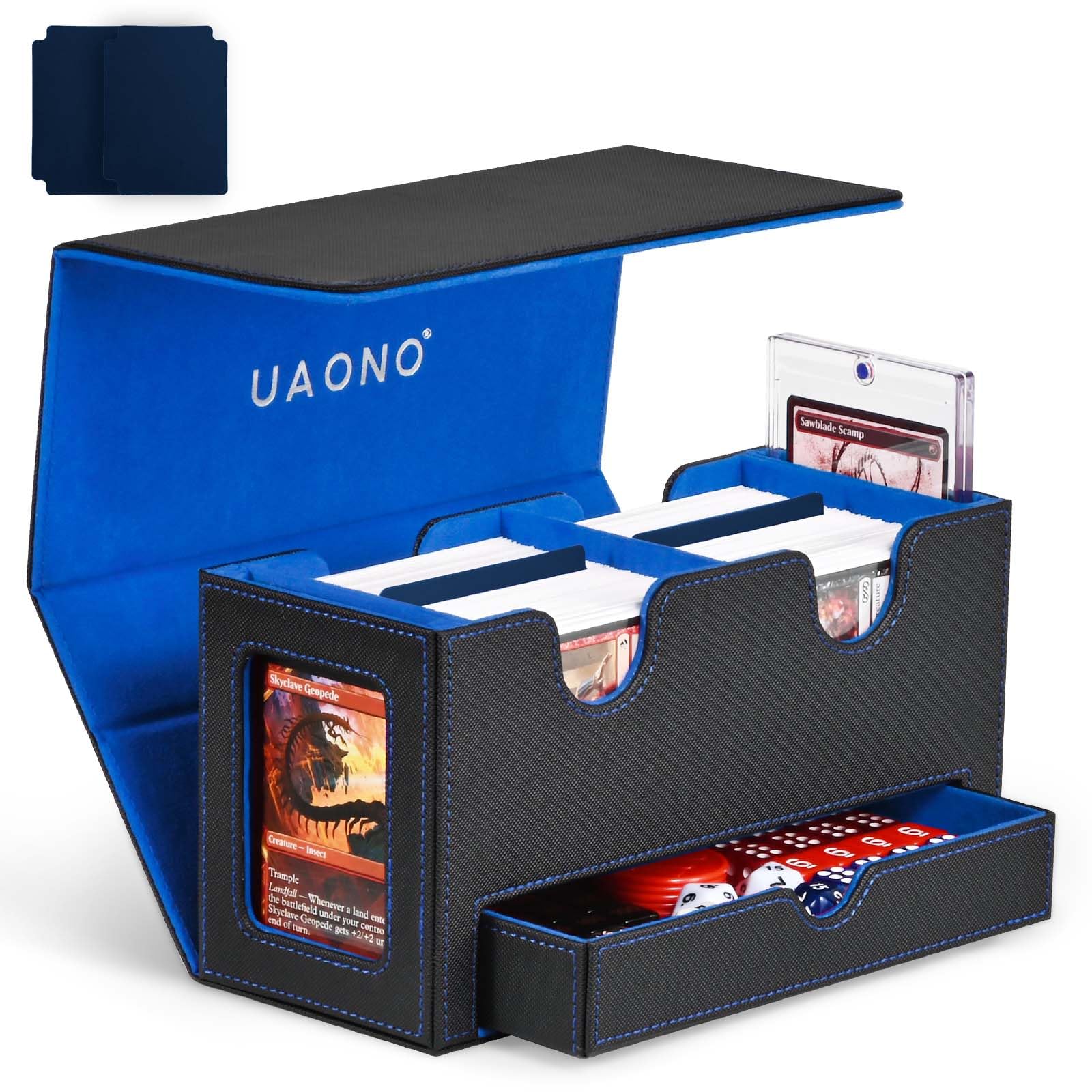 UAONO MTG Deck Box with 2 Commander Display and Dice Tray-Patented Design, Double Deck Box for 250+ Single Sleeved Cards, Leather Magnetic Card Storage Box Fits for TCG CCG Magic Cards (Black&Blue)