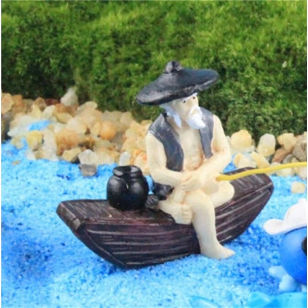 AHIMITSU Bonsai Aquarium Landscape Aquarium Decoration Miniature Resin Fishing Man Garden Ornament (Gray) for Fairy Garden