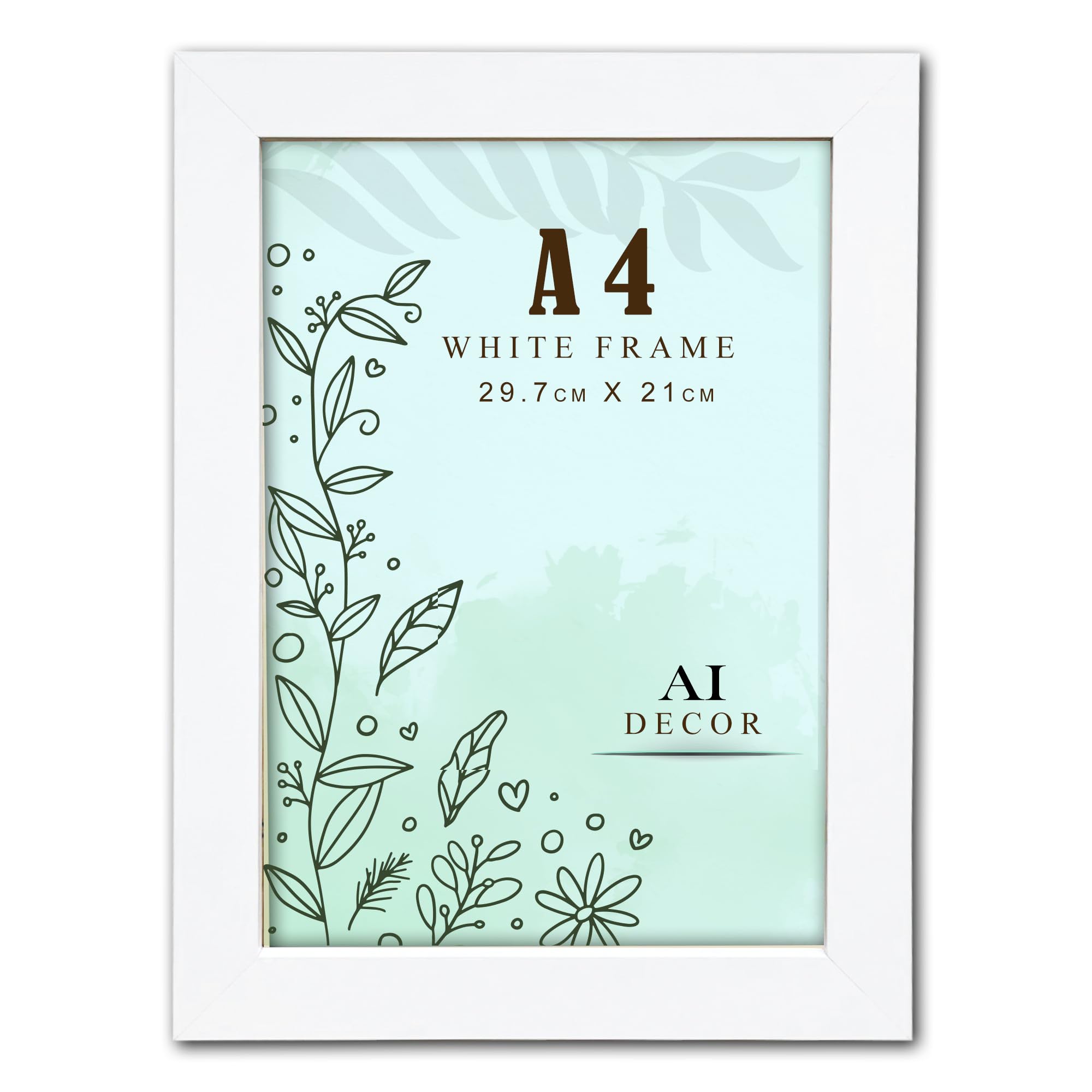 AI Decor A4 White Picture Frames (8.3 x 11.7 Inch) Poster Frame - Clear Acrylic Display Poster MDF Wooden Portrait/Panoramic - Flat Wall Mount Hang Hooks & Free Tabletop Stand (21 x 29.7 cm)