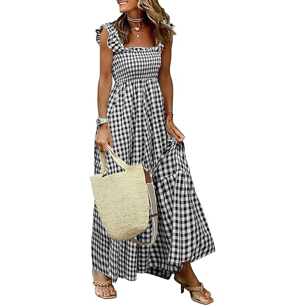 kinstell Women's Summer Boho Spaghetti Strap Square Neck Ruffle Casual Flowy  Long Dress Beach Swing Party Maxi Dress, 2-red Floral, Small : Amazon.ca:  Clothing, Shoes & Accessories