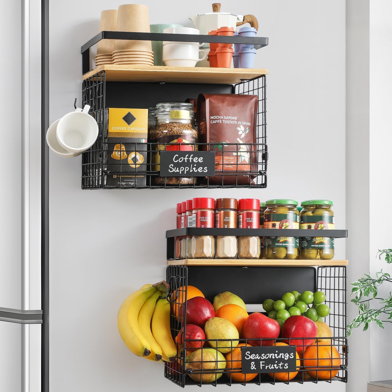 Photo 1 of [WIDER SHELF] 2 SET Strong Magnetic Shelf Basket for Fridge with Tag & Bamboo Top, XXL Large Magnetic Spice Rack Shelves for Side of Refrigerator, Kitchen Pantry Storage Organizer for Food Fruit Veg