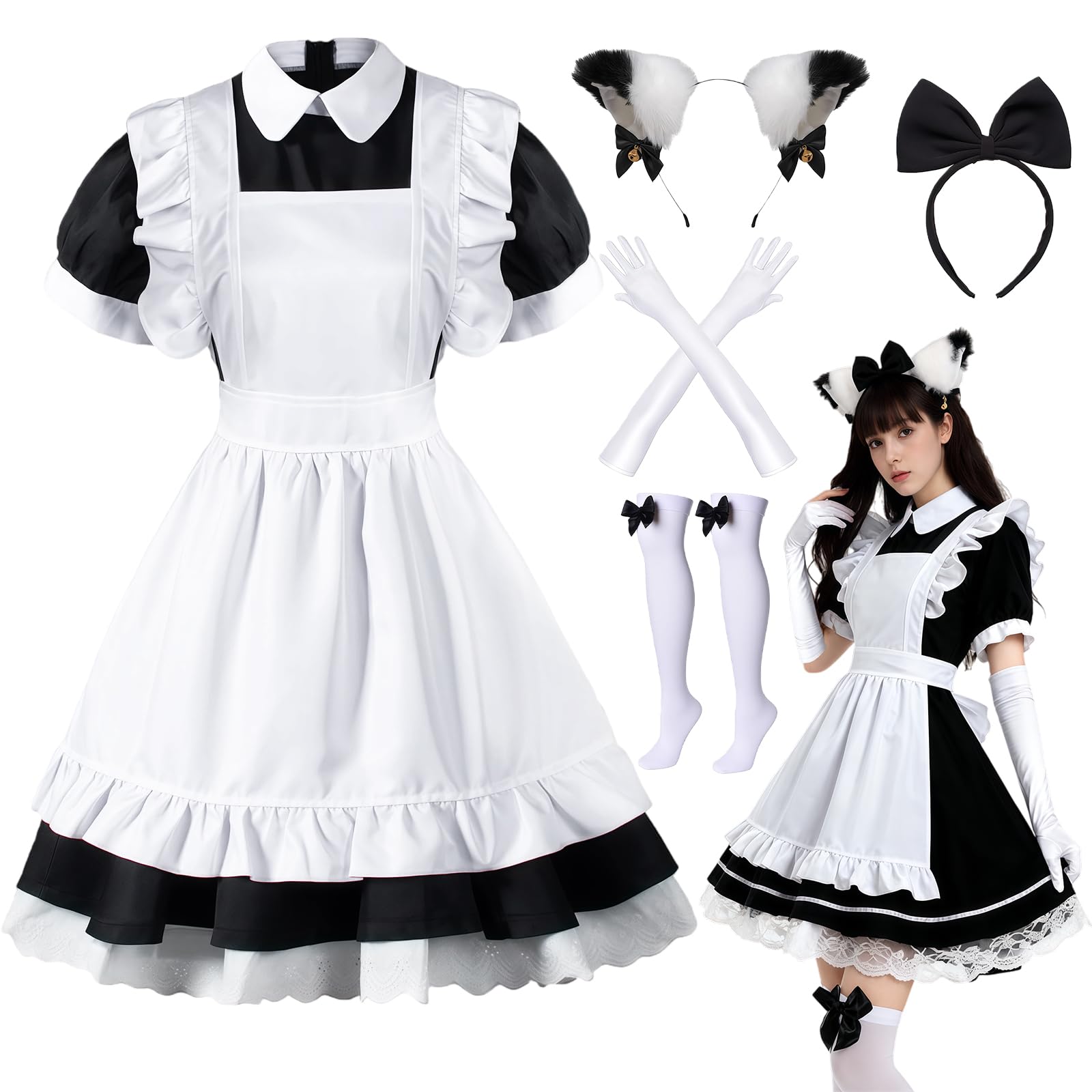 Amtum Maid Dress Costume French Lolita Maid Outfits for Women Maid Apron Cosplay Lolita Outfit Anime halloween Costumes Headwear Gloves Socks Set，T001-4XL