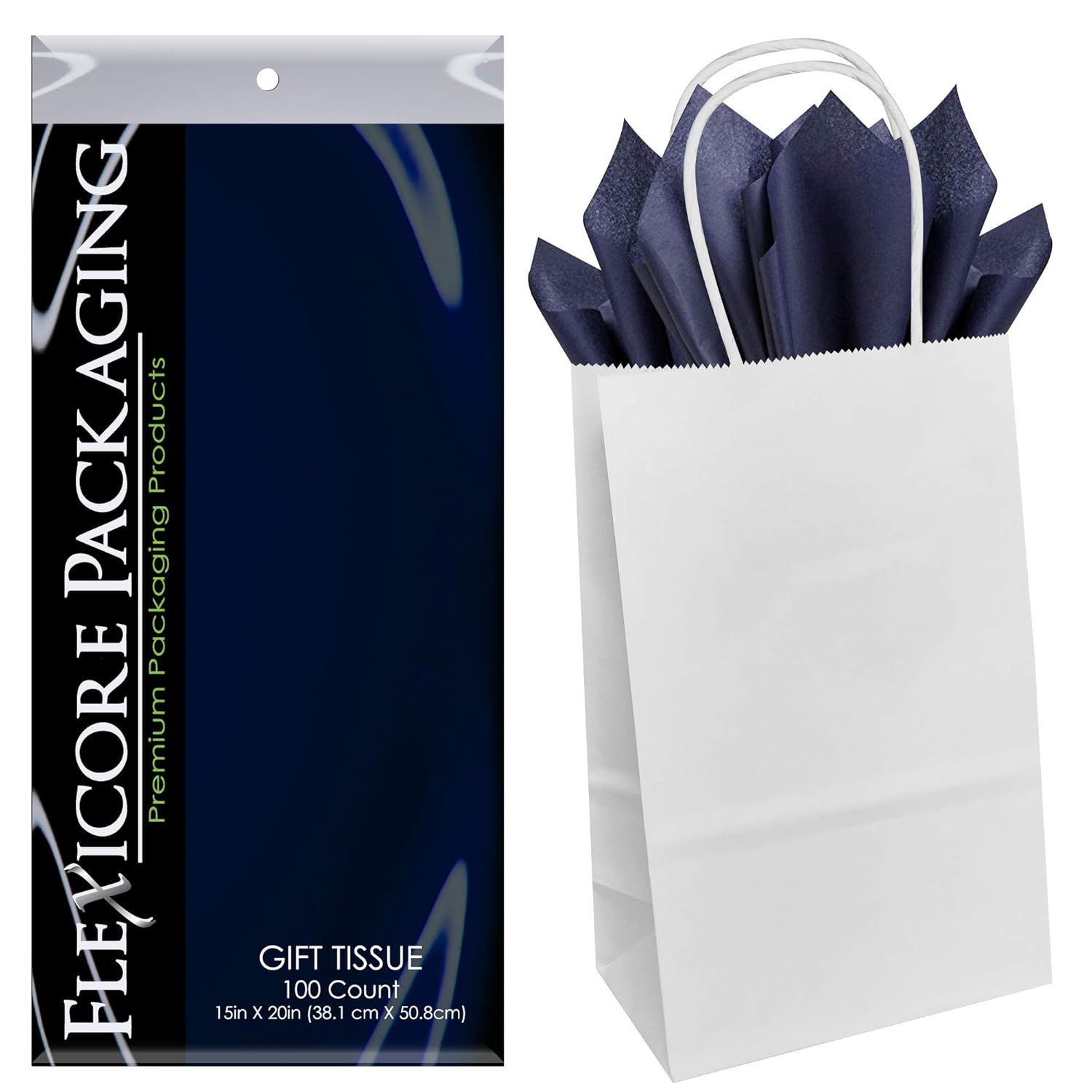 Flexicore Packaging White Kraft Paper Gift Bags & Navy Blue