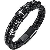 Mens Cross Bead Braided Genuine Leather Bracelet, Black Gemstone Agate Onyx Beaded Rosary Obsidian Bangle, Faith Religious Easter Catholic Christian Communion Baptism Christmas Jewelry Gift for Men